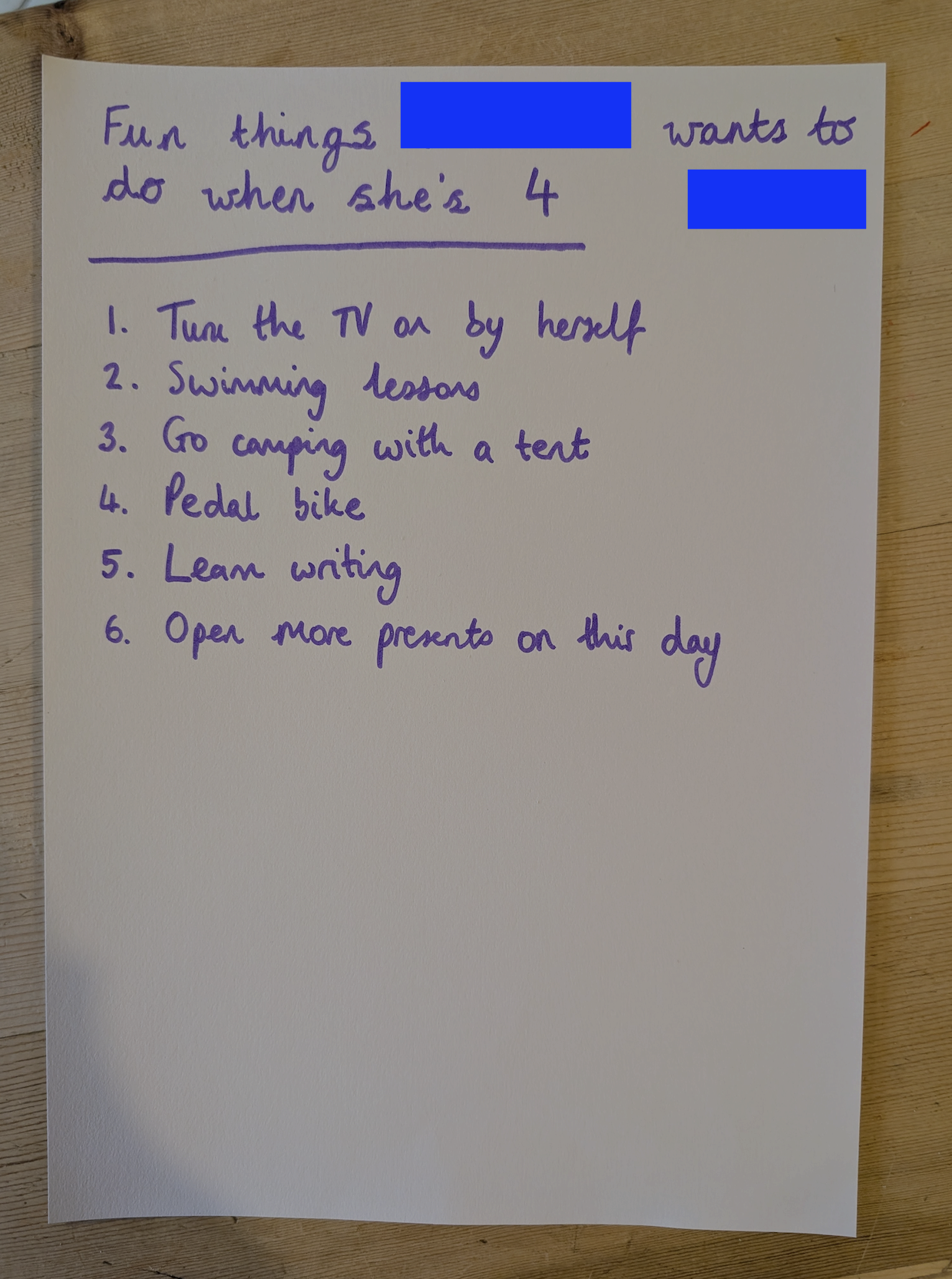 A hand-written birthday list of a four year
old