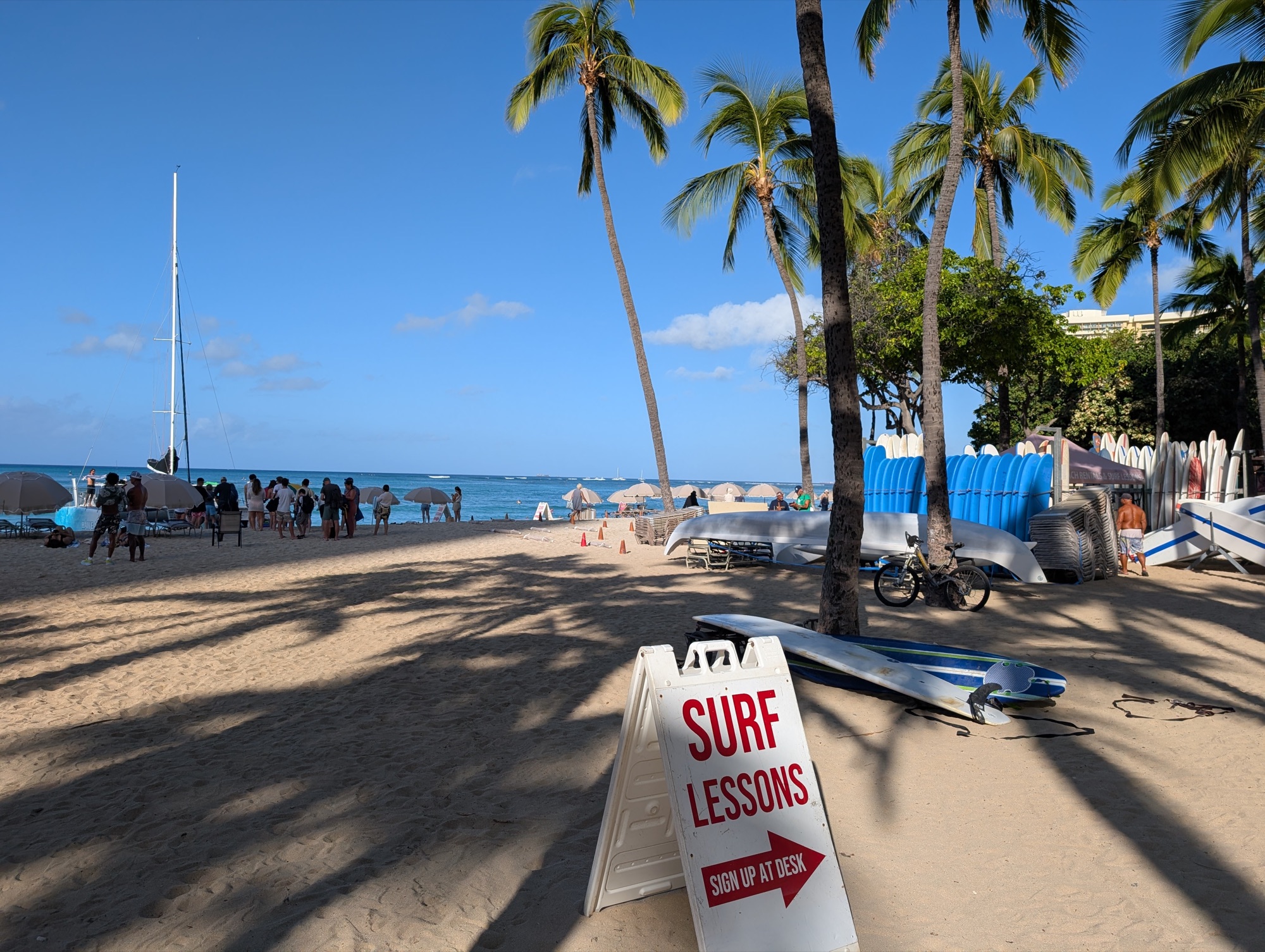 A "Surf Lessons" sign on a sandy beach, with palm trees and a rack of
surfboards behind it